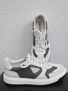 Prada Men’s White and Gray Low-Top Leather Sneakers